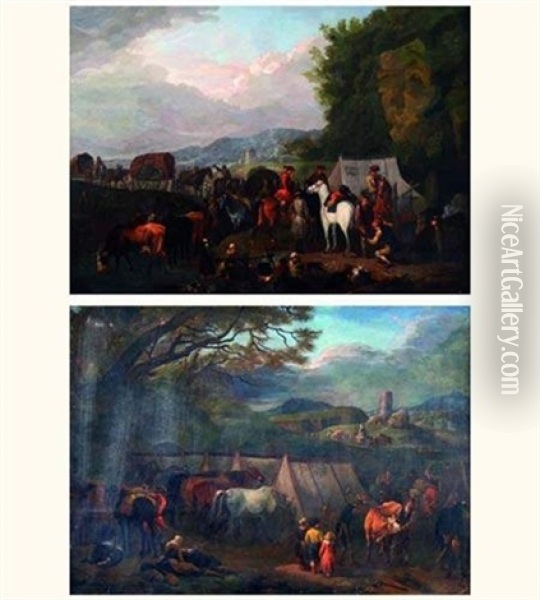 Le Campement (+ Arrivee Du Regiment, Les Cantinieres; Pair) Oil Painting - Pieter van Bloemen