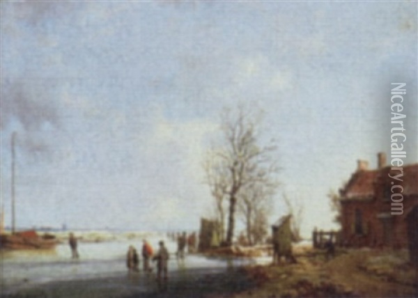 Ice Skaters In A Winter Landscape Oil Painting - A. de Groote