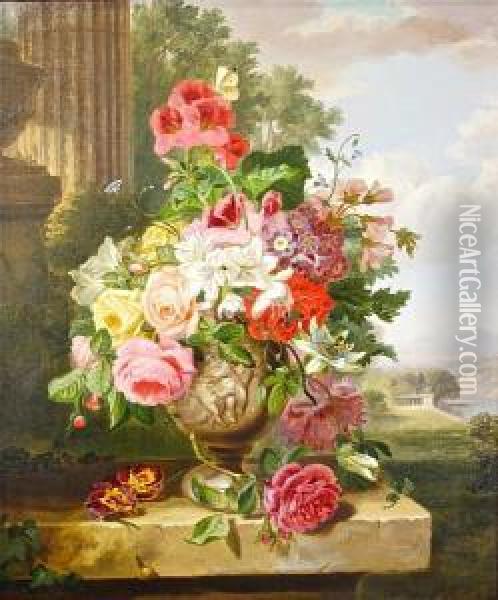 Still Life Of Roses And Other Flowers In Aclassical Urn, Before A Vista Oil Painting - John Wainwright