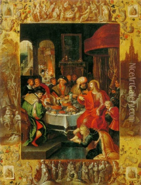 Christ In The House Of Simon With Scenes From The Life Of Christ Oil Painting - Ambrosius Francken the Younger