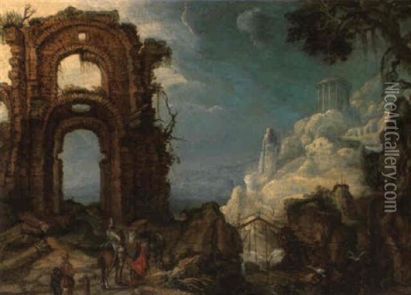 A Rocky River Landscape With Travellers And Beggars By Arch Oil Painting - Mattheus Molanus