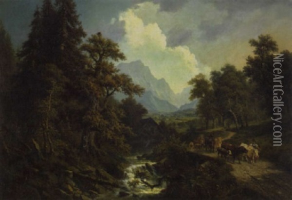 A Mountainous Landscape And A Shepherdess With Her Flock And Cattle By A Stream Oil Painting - Josef Burgaritzky