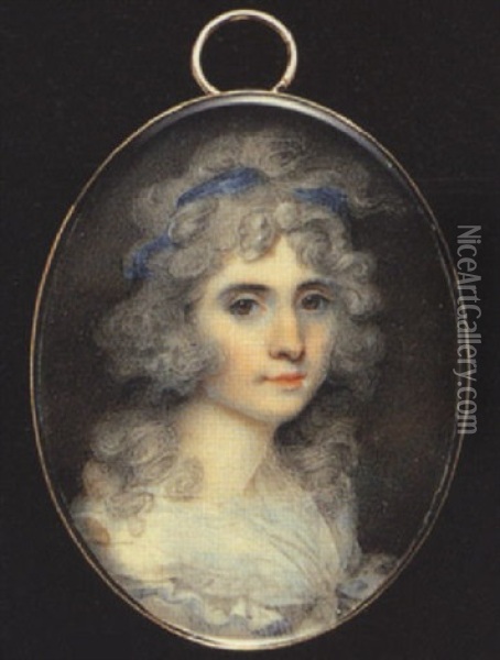 A Lady With Large Hazel Eyes, Wearing Dark Blue Ribbon In Her Powdered Hair And Tied White Fichu Oil Painting - Samuel Shelley