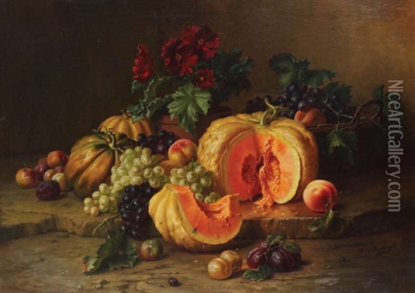 Nature Morte Aux Fruits (potiron, Raisins, Prunes, Melons) Oil Painting - Edward van Ryswyck