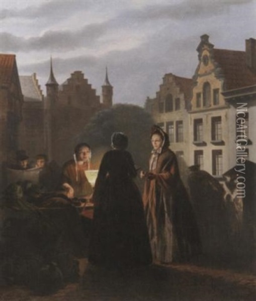 Nachtlicher Markt In Einer Flamischen Stadt Oil Painting - Philippe-Jacques van Bree