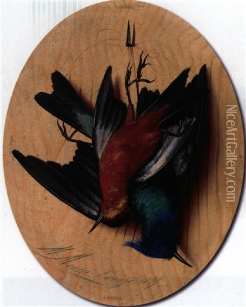 Trompe L'oeil Mit Zwei Bunten Vogeln Oil Painting - Michelangelo Meucci