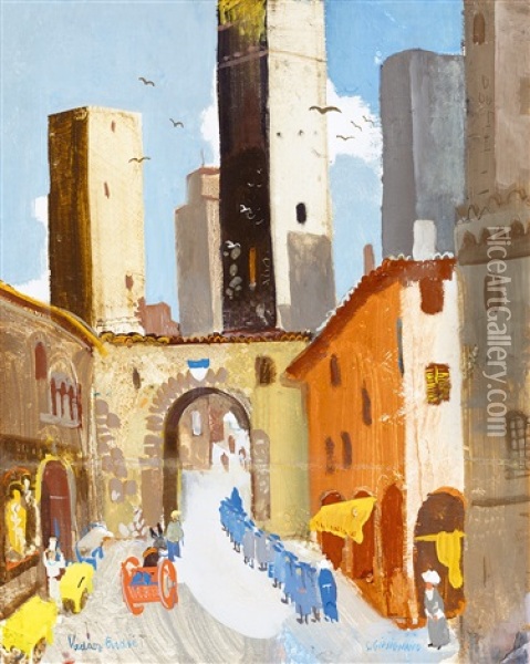 Italian Town (san Gimignano) Oil Painting - Endre Vadasz