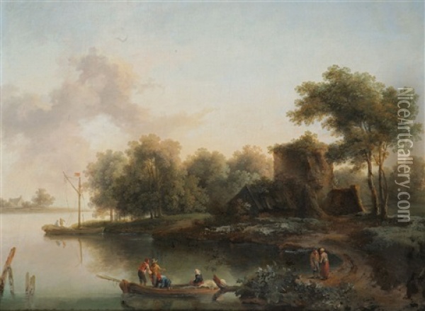 Ruinenlandschaft Mit Brucke Und Personenstaffage (+ Flusslandschaft Mit Booten, Personen Und Hutte Am Ufer; Pair) Oil Painting - Christian Hilfgott Brand