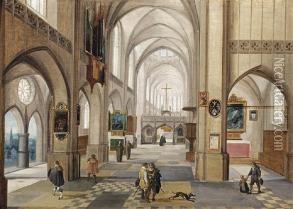 The Interior Of A Gothic Church With Gentlemen Conversing Oil Painting - Hendrick van Steenwyck the Younger