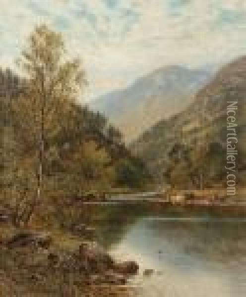 Mountainous Landscape With Cattle Watering By A River Oil Painting - Alfred Augustus Glendening