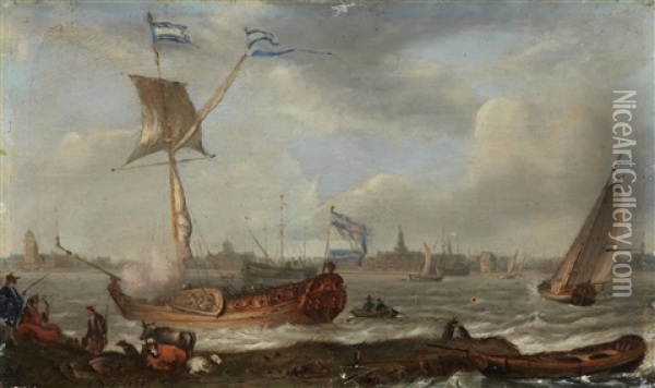 Ships In A Harbour Oil Painting - Ludolf Bakhuyzen the Younger