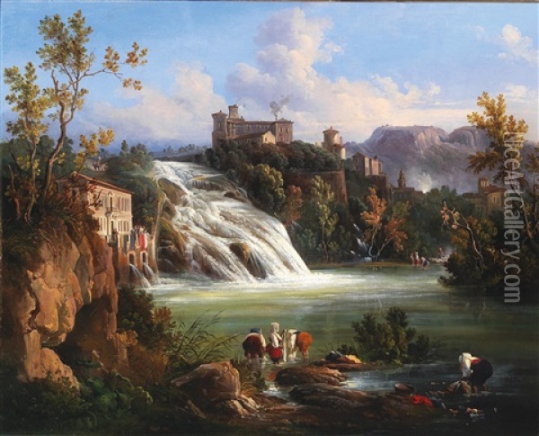 A View Of Liri Island With Valcatoio Waterfall And Washerwomen In The Foreground Oil Painting - Raffaele Carelli