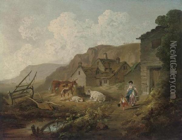 A Wooded River Landscape With A Milkmaid And Cattle By A Cottage Oil Painting - Julius Caesar Ibbetson