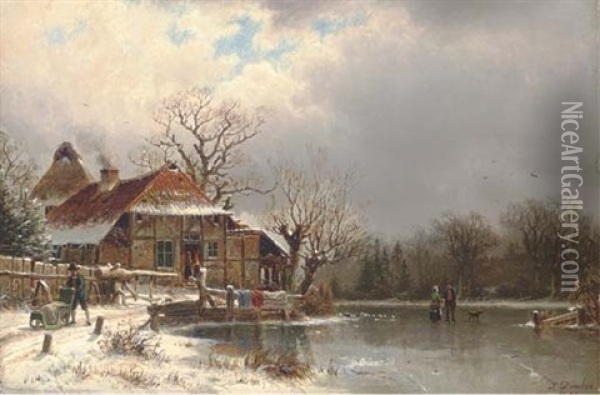 Figures At A Cottage On A Frozen Waterway Oil Painting - Johannes Bartholomaeus Duntze