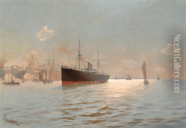 Harbour View Near Hamburg Oil Painting - Erwin Carl Wilhelm Guenther