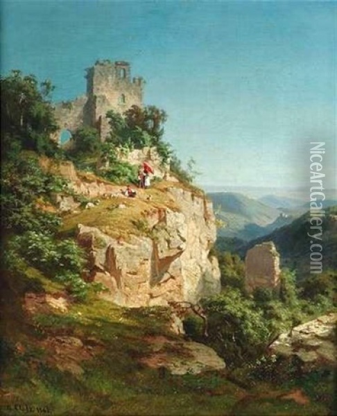 Blick Auf Die Burgruine Reusentstein Im Sonnenschein. Eine Junge Familie Genies Den Ausblick Ins Tal Oil Painting - Gustav Adolf Closs