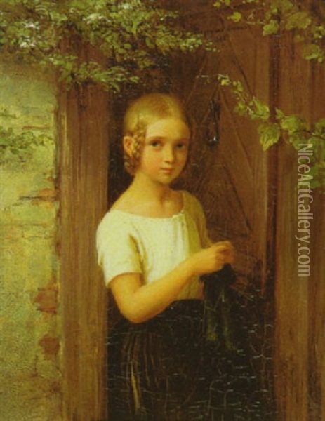 Kleines Madchen Mit Strickzeug, In Der Laubumrankten Hausture Stehend Oil Painting - Johann Georg Meyer von Bremen