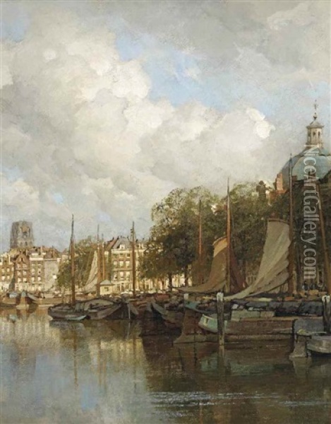 A View Of The Leuvehaven With The Laurenskerk In The Distance, Rotterdam Oil Painting - Johannes Christiaan Karel Klinkenberg