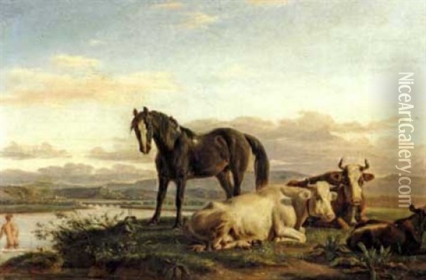 Cheval Et Vaches En Bord De Riviere Oil Painting - Jean-Antoine Duclaux
