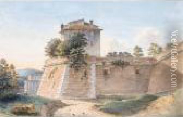 Three Views Outside Rome, One With A Roman Wall With An Archway Over Ruins Of A Temple Oil Painting - Victor-Jean Nicolle