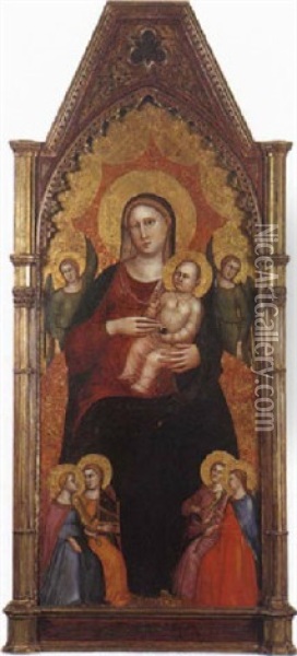 Madone Et L'enfant En Trone Entre Deux Anges, Avec, A Ses Pieds, Quatre Anges Musiciens Oil Painting - Lorenzo di Bicci
