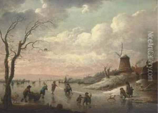 A Winter Landscape With Peasants Skating On A Frozen River By Avillage With A Windmill Oil Painting - Hendrick Willelm Schweickhardt