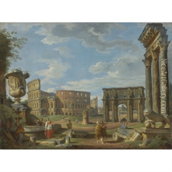 Capriccio Of Roman Monuments With The Colosseum And Arch Of Constantine Oil Painting - Giovanni Paolo Panini