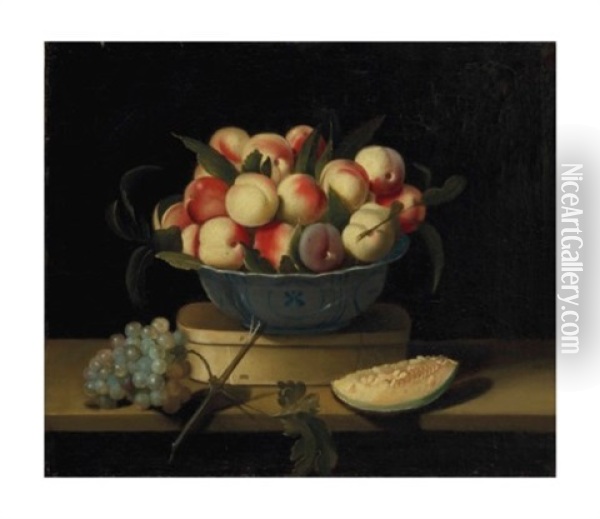 Coupe De Peches, Boite De Copeaux, Grappe De Raisins Et Tranche De Melon Oil Painting - Louise Moillon