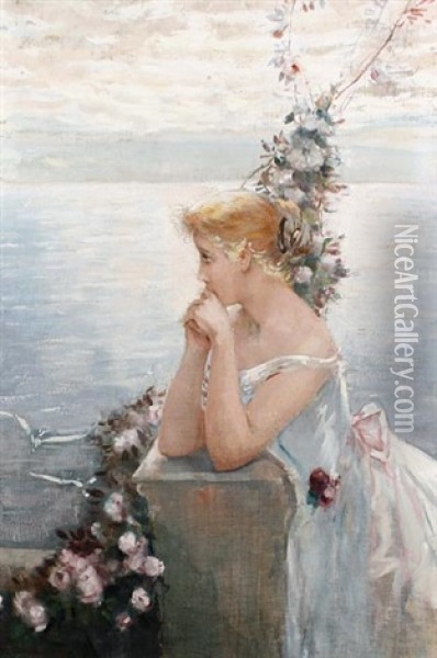 Portrait Of A Girl Wearing A White Dress With Pink Bow With A Seascape Beyond Oil Painting - Charles Hermans