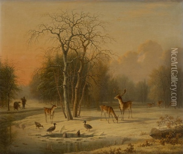 Fagotier Et Animaux Dans Un Paysage Enneige Oil Painting - Pieter De Goeje