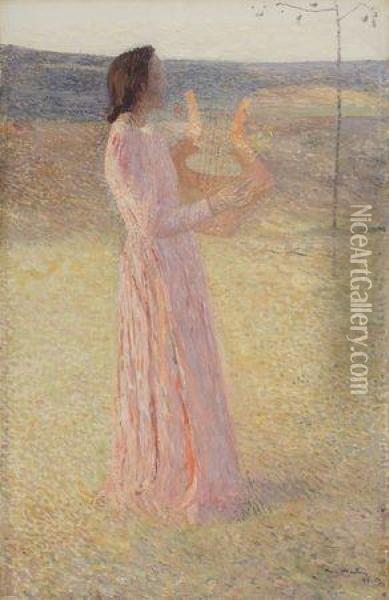 Femme A La Lyre Oil Painting - Henri Martin