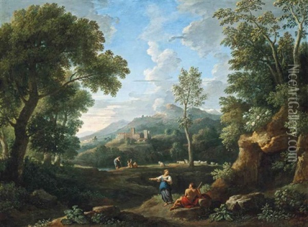 A Wooded River Landscape With Classical Figures Conversing, Towns Beyond Oil Painting - Jan Frans van Bloemen