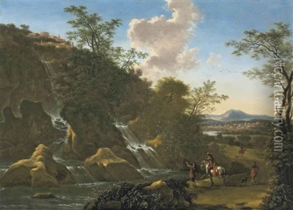 An Italianate Landscape With Travelers By A Waterfall, Tivoli Beyond Oil Painting - Willem de Heusch