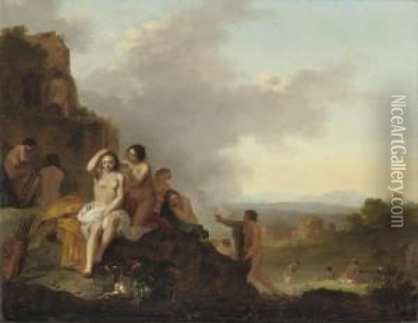 Nymphs Resting And Bathing In An Italianate Landscape Oil Painting - Cornelis Van Poelenburch