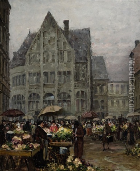 Blumenmarkt Am Platzl In Munchen Oil Painting - Charles Vetter