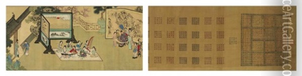 Palindrome And Ladies In Garden Court (+ Calligraphy By  Guan Dausheng (attributed), Verso) Oil Painting -  Qiu Ying