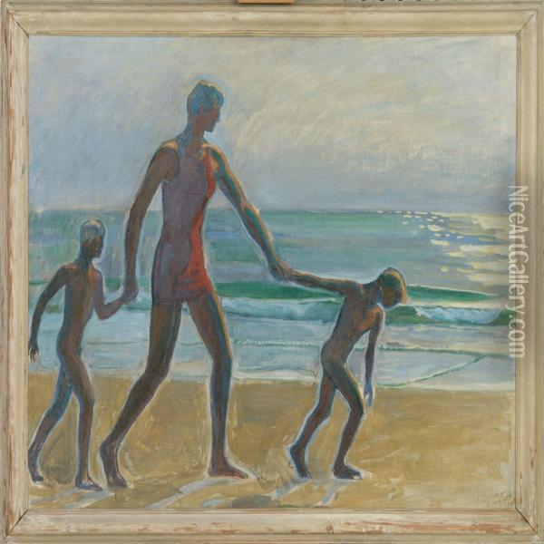 Two Boys And A Man Onthe Beach Oil Painting - Johannes Kragh