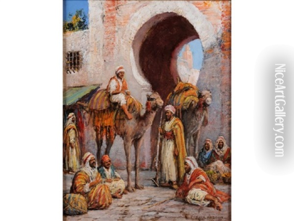 The Story Tellers (arab Traders Outside A City Wall) Oil Painting - Arthur Trevor Haddon