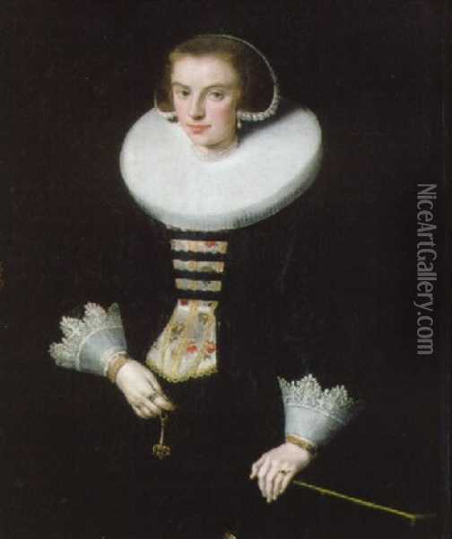 Portrait Of A Lady, Three-quarter-length, In A Black Dress With Lace Cuffs And A Ruff, Holding A Fan Oil Painting - Jan Anthonisz Van Ravesteyn