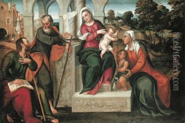 A Sacra Conversazione In A Landscape Oil Painting - Bonifazio de Pitati