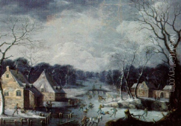 Vinterlandskap Med Sladar Och Skridskoakare Oil Painting - Jan Abrahamsz. Beerstraten