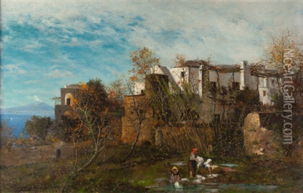 Blick Auf Anacapri Mit Dem Vesuv Oil Painting - Ernst Hanfstaengl