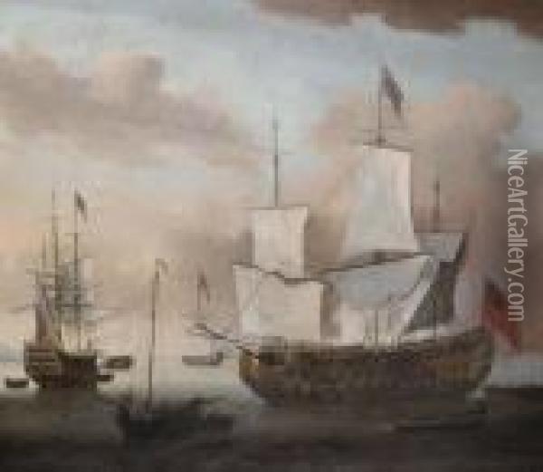 The Arrival Of The Flagship In Calm Seas Oil Painting - Peter Monamy