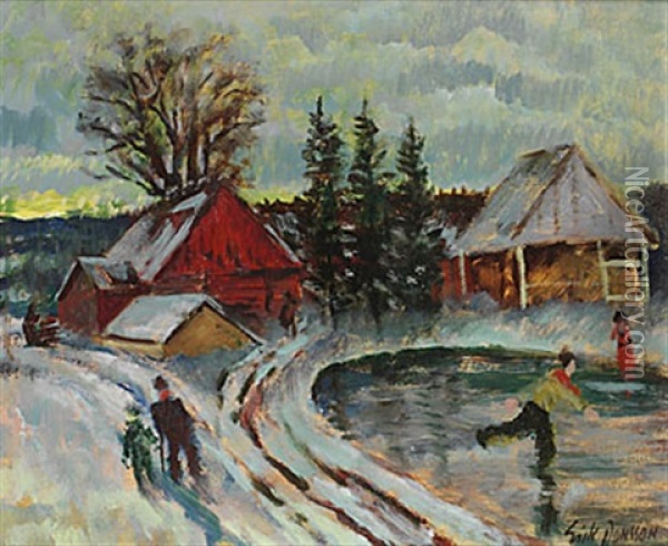 Vinterlandskap Med Skridskoakare Oil Painting - Erik Joensson