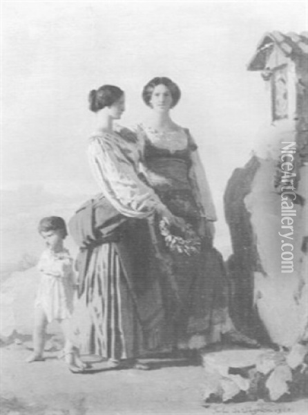 Two Italian Women And Child At Road Shrine Oil Painting - Jules de Vignon
