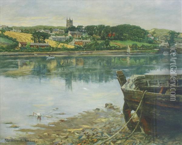 Childrenresting Beside A Stream; Village On The Banks Of An Estuary Oil Painting - Stanhope Alexander Forbes