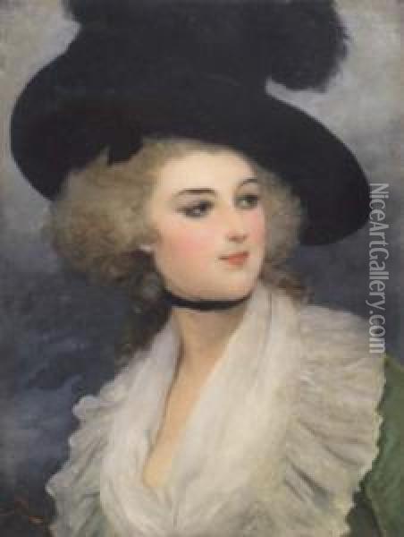 Portrait Of A Girl Wearing A Feathered Hat Oil Painting - Lucius Rossi