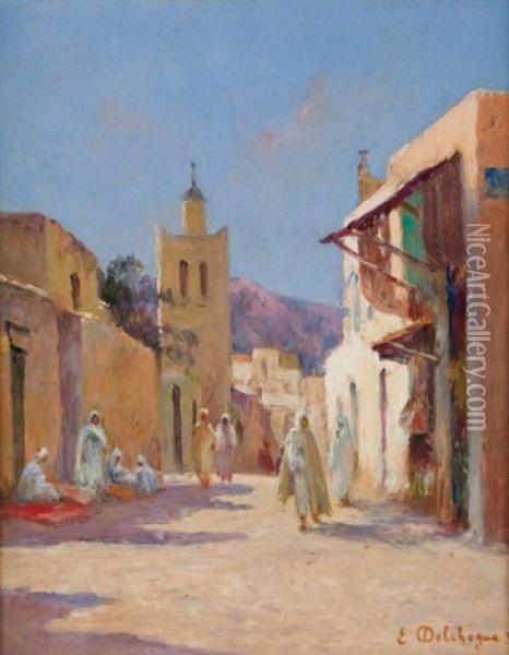 Rue Animee A Tunis Oil Painting - Eugene Jules Delahogue