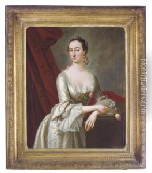 Portrait Of A Lady In A White Dress, Holding Flowers Oil Painting - Joseph Lindon Smith