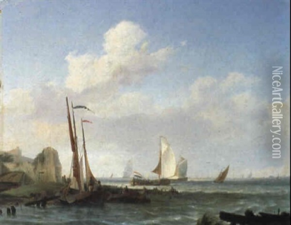 Fishermen And Moored Fishing Vessels By A Ruined Fortification Oil Painting - Hermanus Koekkoek the Elder